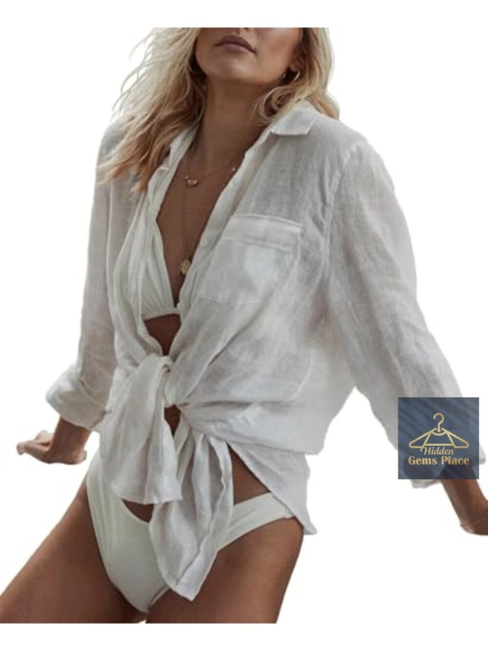Women's Bikini Swimsuit Cover Up Button Down V Neck Long Sleeve Beachwear Blouse